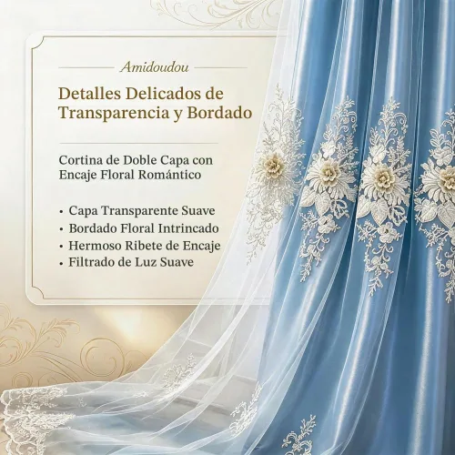 Vista 3 de Amidoudou 1 par de cortinas europeas de lujo con cenefa para sala de estar, dormitorio, cortinas bordadas de doble capa (azul, 52 x 84 pulgadas)
