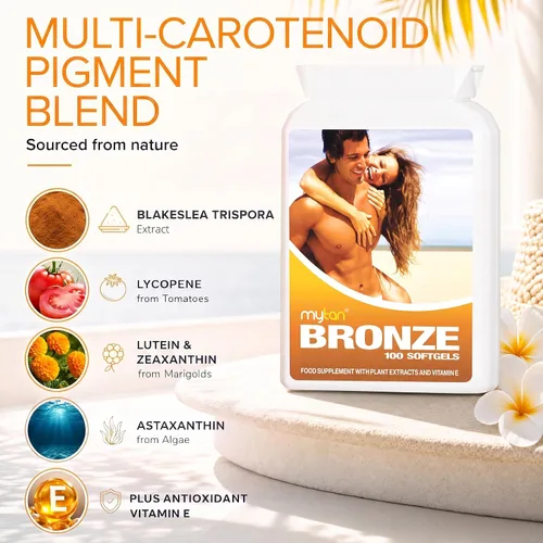 Vista 3 de Píldoras para bronceado MyTan Bronze, 100 cápsulas de gel, de beta caroteno, sin sol