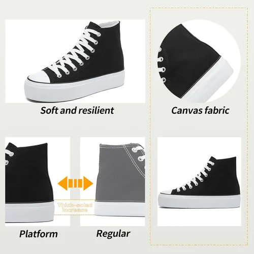 Vista 4 de FINIWOR Tenis de plataforma para mujer, zapatos de lona blancos de alta calidad, zapatos clásicos de plataforma negros con cordones, zapatos