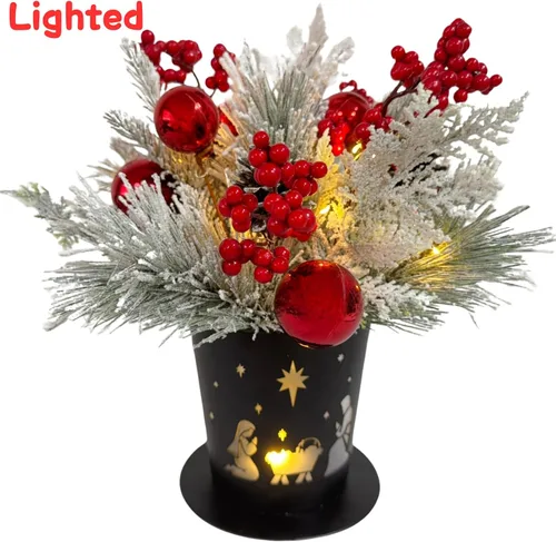 Vista 2 de Centro de Mesa Navideño Iluminado en Maceta de Metal con Temporizador, Escena del Nacimiento Navideño en Base de Metal Negro con Ornamento de Piñas