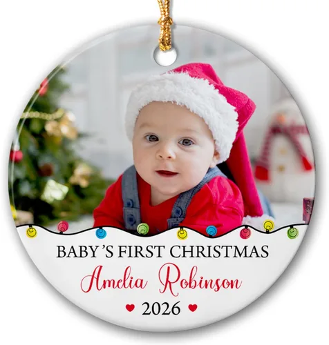 Vista 12 de Primer adorno de Navidad para bebé, adorno de cerámica de Navidad para bebé 2025, primera decoración de árbol de Navidad del bebé, marco de fotos