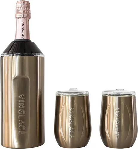 Vista 11 de Vinglacé Juego de regalo enfriador de botellas de vino, enfriador de vino portátil de acero inoxidable con 2 copas de vino sin tallo, color negro