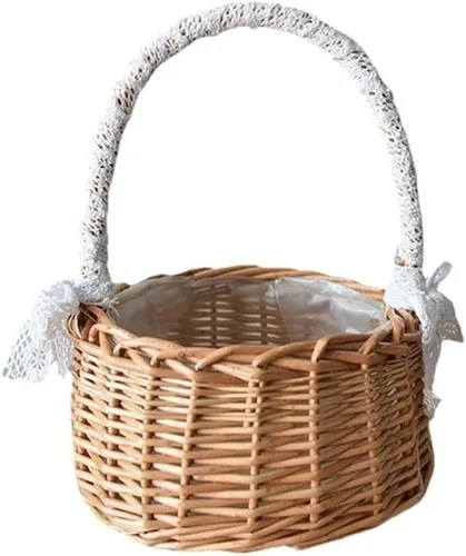 Vista 9 de Cesta de flores de mimbre de ratán, cesta tejida a mano de sauce con asa e inserto de plástico, cesta de dulces de huevos para boda, para decoración