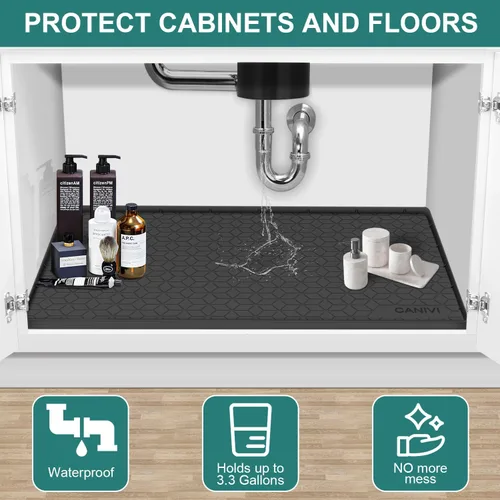 Vista 4 de Tapete para debajo del fregadero, bandeja de silicona impermeable para debajo del fregadero, 28 x 22 pulgadas, para armarios de cocina y lavandería