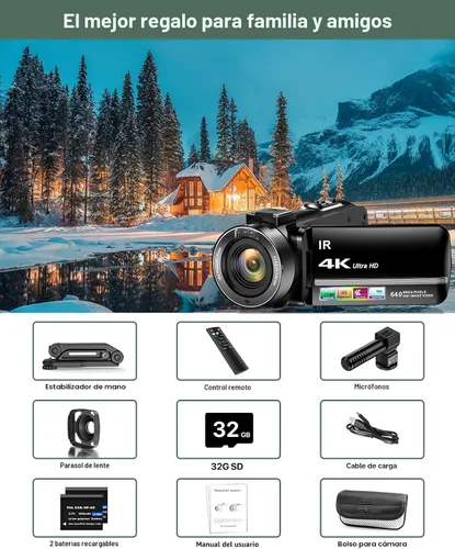 Vista 8 de Videocámara 4K 64MP para vlogging, cámara para YouTube, pantalla táctil de 3.0", zoom digital de 18 aumentos, visión nocturna IR con micrófono