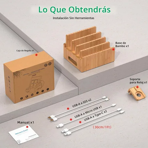 Vista 3 de Estación de carga para teléfono celular Pezin & Hulin, organizador de muelle de bambú para múltiples dispositivos, tabletas, reloj inteligente