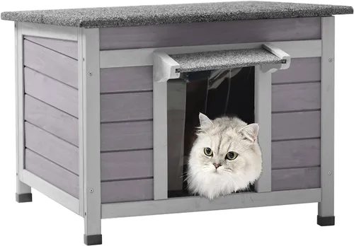 Vista 9 de Casa climatizada para gatos al aire libre con forro aislante, refugio impermeable para gatos Solid Fir Timber Stray Kitty Habitat With Removable