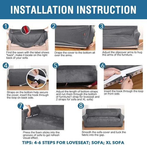 Vista 7 de H.VERSAILTEX Funda elástica de terciopelo para sofá, fundas para sofá de 3 cojines (72-96 pulgadas, gris), paquete de funda para sofá biplaza