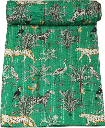 Vista 13 de Marubhumi Edredón tradicional indio de algodón puro con estampado de selva Kantha, funda de cama, colcha Kantha con estampado de animales, Gris