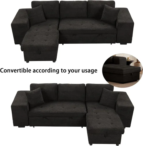 Vista 3 de Sofá cama modular modular modular en forma de L convertible de 3 plazas con diván de almacenamiento y 2 taburetes, juego de muebles reversibles