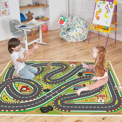 Vista 6 de Alfombra de juego para niños de 31 x 47 pulgadas, suave y antideslizante, alfombra de coche de mapa, alfombra para niños, autos de juguete, pista