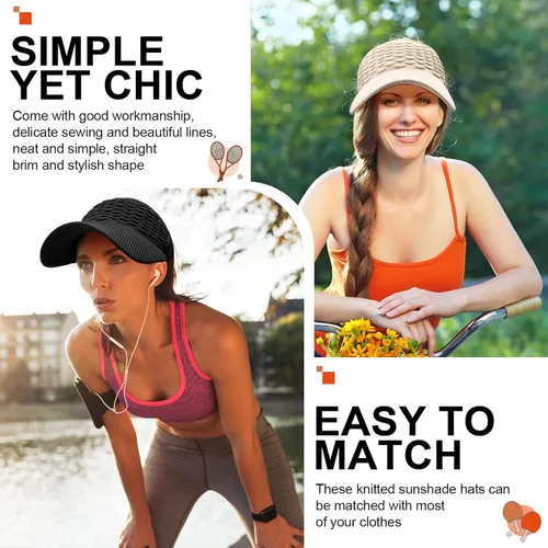 Vista 2 de 3 Pieces Women Sun Visor Hat for Women Knitted Hats Elastic Sports Hat Empty Top Quick Drying Wide Brim Golf Hat