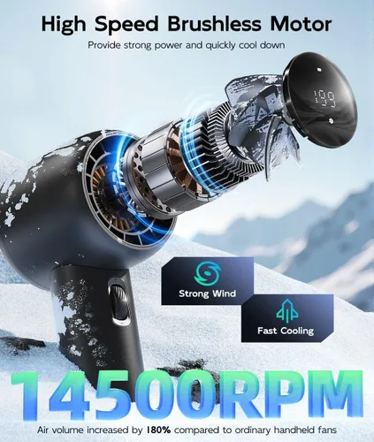 Vista 3 de Ventilador portátil recargable – Ventiladores de mano turbo de alta velocidad de 15000 RPM con pantalla digital – Ventilador USB alimentado por