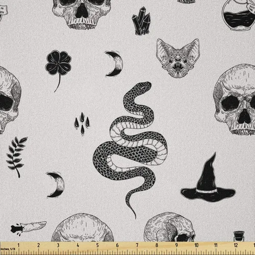Vista 28 de Ambesonne The Yard, tela de calavera colorida con temática de Halloween, diseño de calavera y huesos cruzados, divertido estampado de dibujos