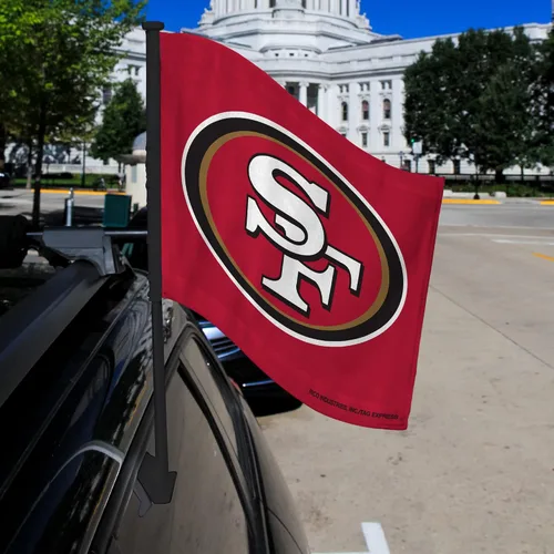 Vista 2 de Rico Industries NFL San Francisco 49ers - Bandera de doble cara para automóvil, 16 x 19 pulgadas, con asta negra fuerte que se engancha a automóvil