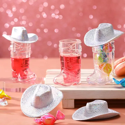 Vista 6 de Vesici 30 piezas de mini sombrero de vaquera occidental botas de tiro de vaquera diminuta vaquera con purpurina lentejuelas plata sombrero