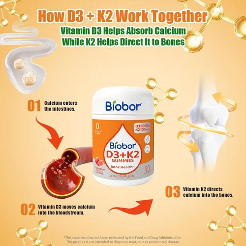 Vista 4 de Biobor Gomitas naturales de vitamina D3 K2, 5000 UI de vitamina D3 y 100 mcg de vitamina K2 (MK-7), apoya los huesos saludables, suplemento de salud
