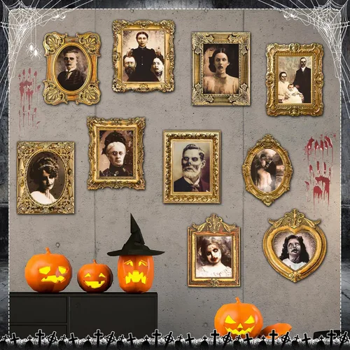 Vista 4 de 10 piezas de decoraciones de Halloween para interiores con retratos de caras cambiantes en 3D, marco de fotos de terror, carteles en movimiento