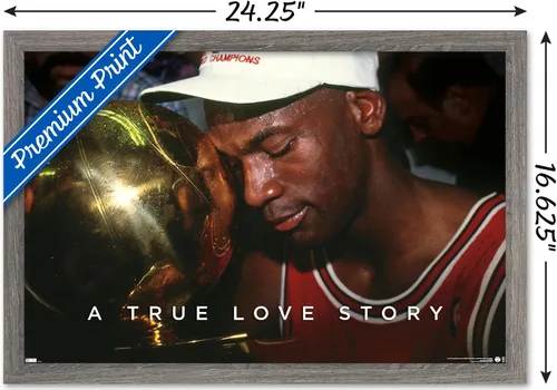 Vista 3 de Michael Jordan - Póster de pared A True Love Story, 22.4 pulgadas de largo x 14.7 pulgadas de ancho, versión enmarcada de madera de granero