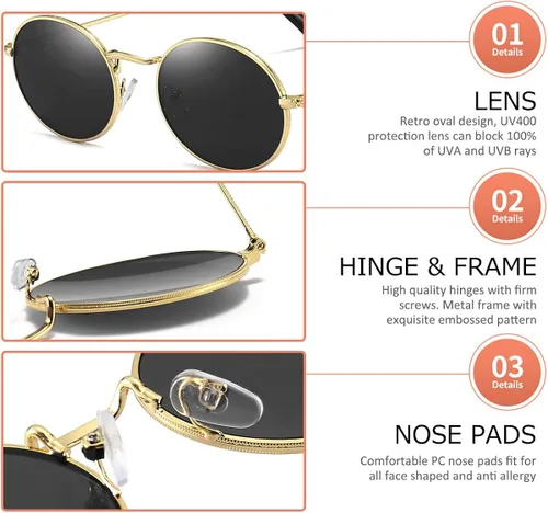 Vista 5 de Dollger Gafas de sol ovaladas para mujer Vintage Metal Frame Gafas Anti Reflectantes Retro Gafas Unisex