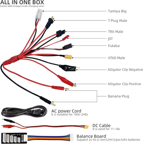 Vista 5 de Cargador de batería RC AC/DC 100 W Lipo Cargador Lipo Cargador de batería para 2S 3S-6S 7.4 V 11.1 V Paquetes de baterías Lipo con TRX/clip