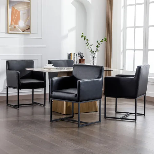 Vista 5 de BESTANO Juego de 2 sillas de comedor tapizadas con brazos de piel sintética de mediados de siglo, sillas decorativas modernas con marco de metal