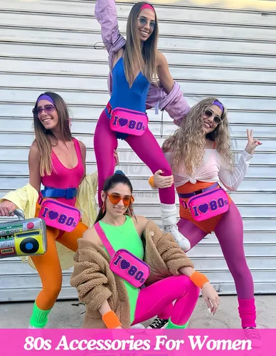 Vista 5 de Riñonera de neón de los años 80, bolsas cruzadas ajustables retro, riñoneras, para mujer, fiesta temática de los años 80, Rosa Rojo, Pequeña, Bolso