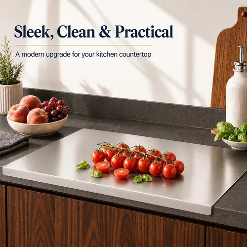 Vista 7 de Tabla de cortar de acero inoxidable con labio, tabla de cortar de metal en forma de L para cocina, tabla de cortar grande para carne, frutas