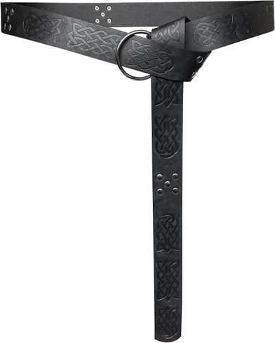Vista 6 de HiiFeuer Cinturón de cuero PU con relieve medieval y anillo en O, cinturón retro de caballero renacentista Negro B
