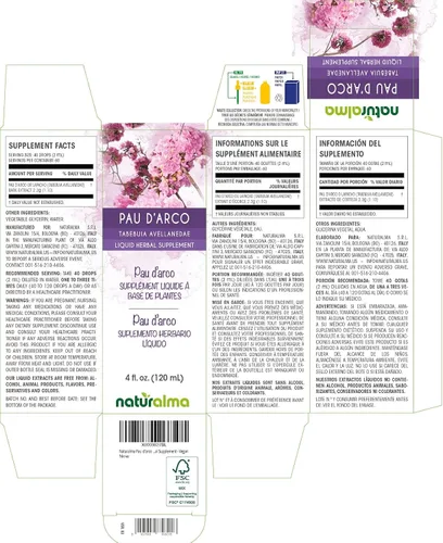 Vista 2 de Naturalma PAU d'arco o Lapacho (Tabebuia avellanedae o Tecoma curialis) Tintura sin alcohol – Extracto líquido en gotas de 4 onzas líquidas