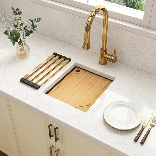 Vista 8 de Fregadero de barra dorada de 13 x 15 pulgadas, fregaderos de cocina dorados de acero inoxidable SUS304 de calibre 16 con accesorios, fregadero