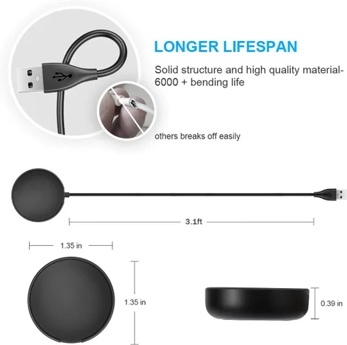 Vista 4 de Compatible con Samsung Galaxy Watch 4/Classic 3/Active/Active 2 cargador, paquete de 2 cables de carga inalámbrica USB de repuesto para accesorios