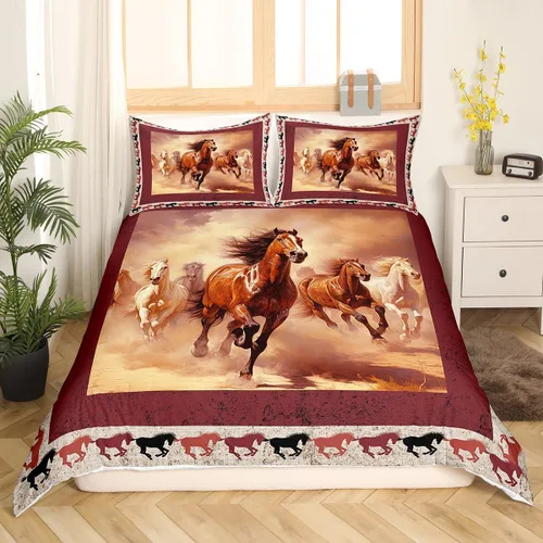 Vista 3 de Manfei Juego de funda de edredón de caballo al galope, tamaño individual, funda de edredón con temática de animales con 1 funda de almohada, juego