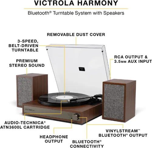 Vista 2 de Victrola Harmony – Sistema de giradiscos Bluetooth – Reproductor de discos de vinilo de 3 velocidades, altavoces estéreo para estantería, diseño