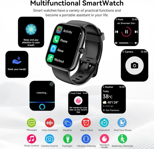 Vista 6 de Reloj inteligente con Alexa integrado, llamadas y notificaciones Bluetooth, monitor de salud HD de 1.83 pulgadas, frecuencia cardíaca 24/7 y Negro