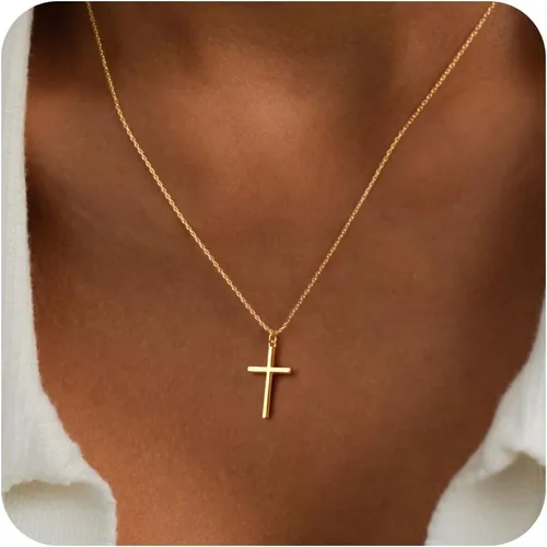Vista 8 de Collar de cruz para mujeres y niñas, delicado chapado en oro de 14 quilates, gargantilla con dije de cruz que no se deslustra, impermeable, moderno