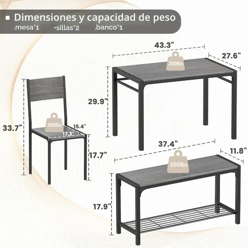 Vista 2 de JUMMICO Juego de mesa de comedor de 43.3" para 4, juego de mesa de cocina