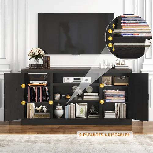 Vista 4 de Hlivelood Mueble de TV Estilo Granja de 66" con Tomas de Corriente para TVs de 75 Pulgadas, Centro de Entretenimiento de 33" de Alto con Gabinetes
