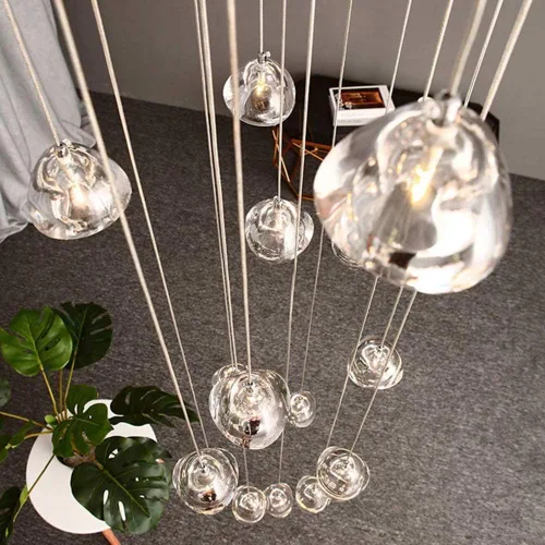 Vista 7 de Candelabro de cristal LED moderno, lámpara colgante de gota de lluvia, lámpara de techo de bola de cristal, 14 luces para escalera, sala de estar
