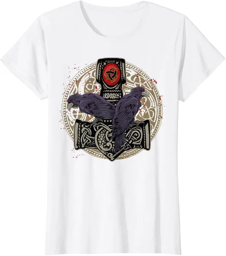 Vista 21 de Thors Hammer Mjolnir Huginn and Muninn Odin Raven - Camiseta, Negro, S