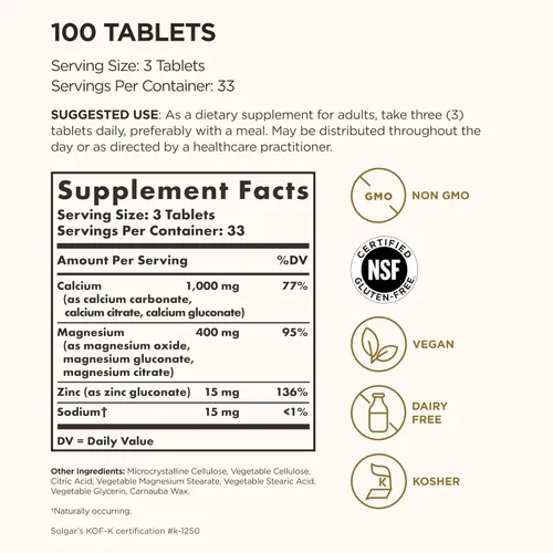 Vista 2 de Solgar Calcio y magnesio más zinc, 100 tabletas, promueve huesos y dientes saludables, apoya la función nerviosa y muscular, sin OMG, vegano, sin