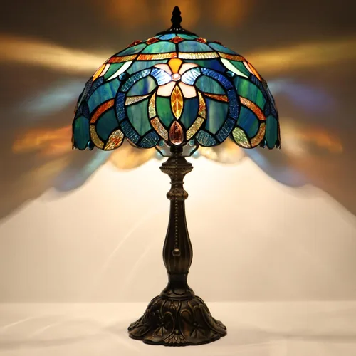 Vista 9 de Tiffany Lamp Stained Glass Table Lamp Bedside Reading Light W12H19 Inches (Sea Blue Pearl Style)