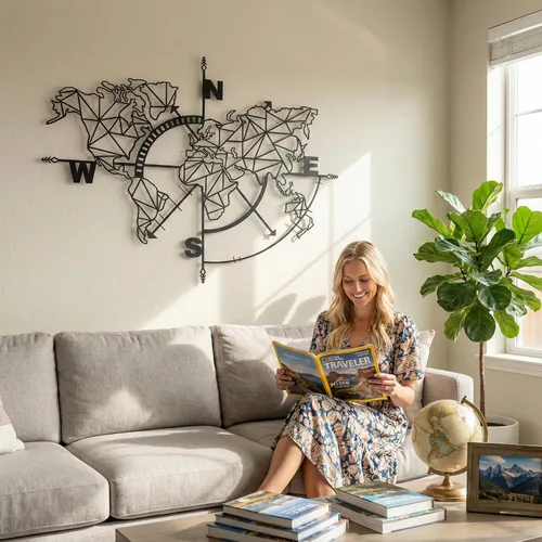 Vista 4 de DEKADRON Decoración de letrero metálico metálico con brújula con mapa del mundo (39 x 28 pulgadas)