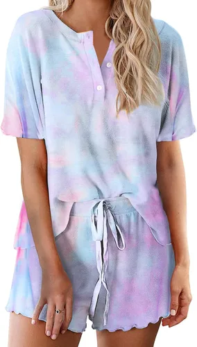 Vista 31 de Ekouaer Conjunto de pijamas teñidos con técnica tie dye para mujer, ropa de dormir, 2 piezas, conjuntos de pijamas, ropa de relajación A-tie Dye