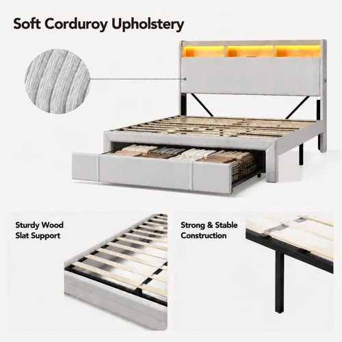 Vista 6 de Tufted Bed Frame with Headboard Shelves, Charging Station, LED Lights, Large Underbed Storage Drawer, No Box Spring Needed (Beige, Full)