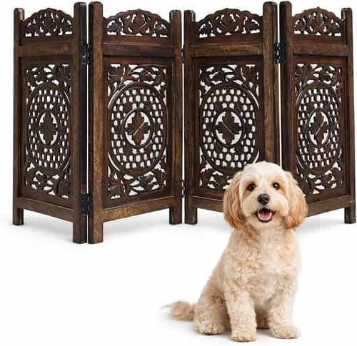 Vista 10 de Puerta independiente para mascotas para perros, puerta plegable de madera para perros para casa, puerta interior para perros para escaleras