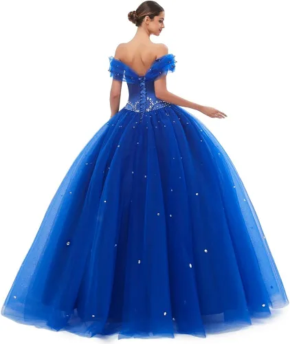 Vista 2 de Engerla Vestido largo de quinceañera de tul con cuentas para mujer
