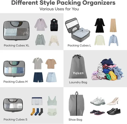 Vista 3 de Veken - Juego de 6 estuches organizadores equipaje de viaje incluye bolsa para ropa sucia y bolsa para zapatos gris VK456
