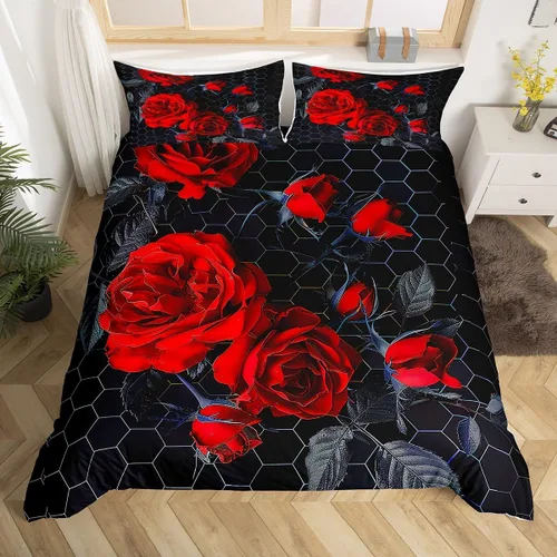 Vista 10 de Juego de funda de edredón con diseño floral de rosas arcoíris para niños, niñas y mujeres, funda de edredón colorida para parejas, enamorados, día