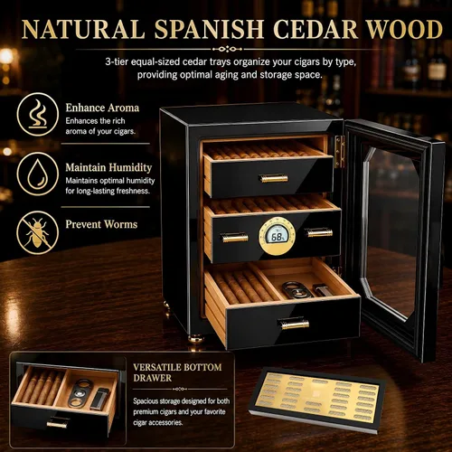 Vista 4 de Woodronic Gabinete humidor de puros para 100 unidades con higrómetro digital, humidificadores de gel de cristal, bandejas y divisores forrados